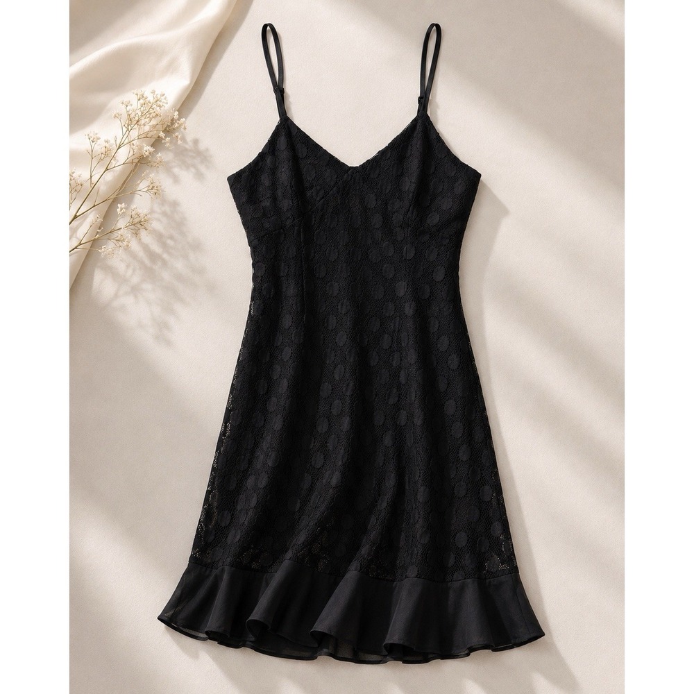Leola Couture Women's Black Asymmetrical Ruffle Dress Small Mesh Dots Sleeveless